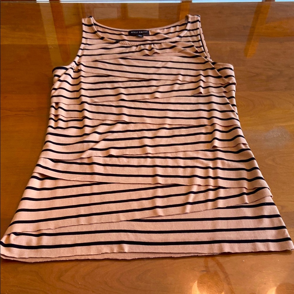 Willi Smith Striped Sleeveless Top. Asymmetrical bands of fabric crossing top.